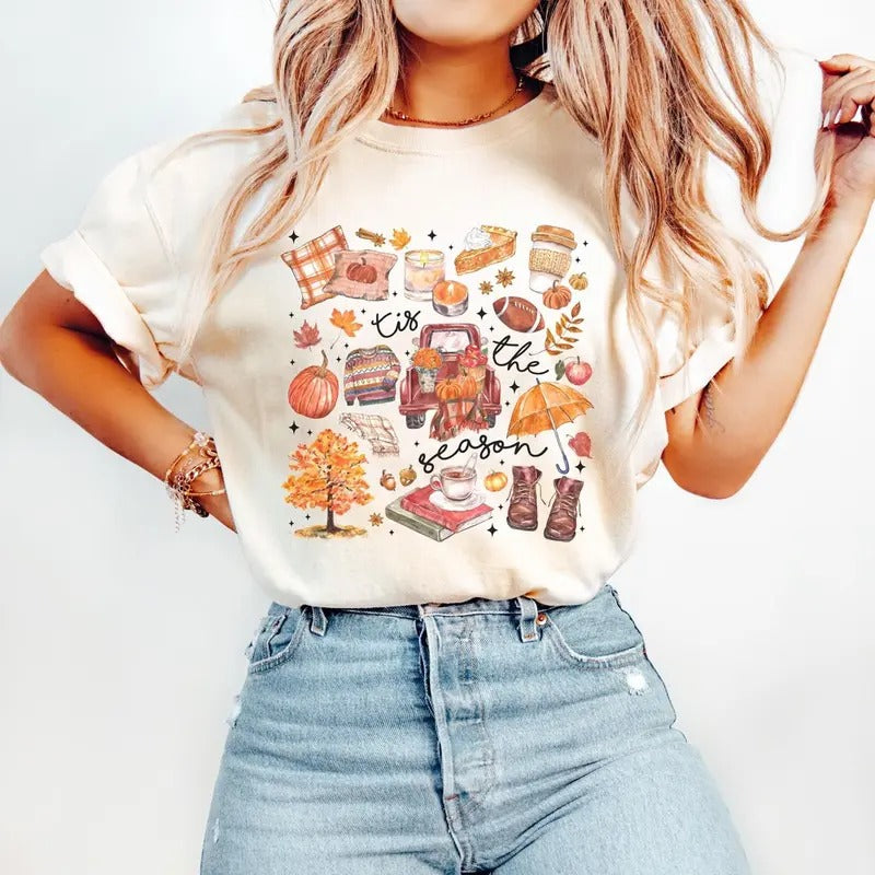 Tis the Season Shirt, Fall Football Shirt, Women's Fall Shirt, Pumpkin Season, Autumn Doodle Cotton Womenswear Light...