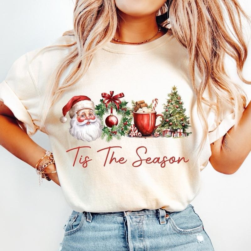 Tis the Season T-Shirt, Santa Claus Shirt, Watercolor Christmas Sweatshirt, Merry Christmas, Christmas Vibes Shirt Cotton Crewneck