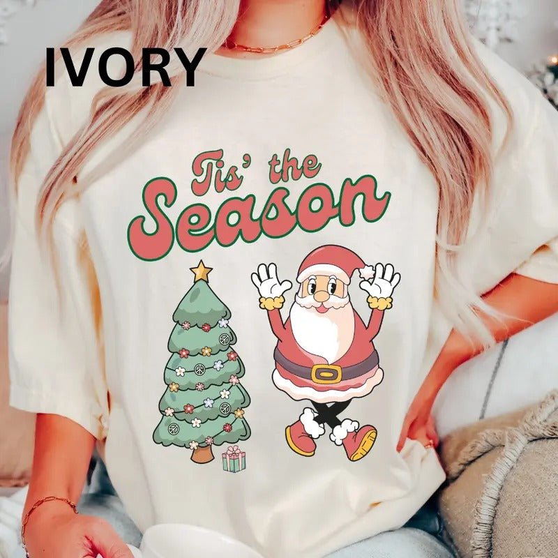 Tis the Season Tree and Santa Shirt, Christmas Shirt, COMFORT COLORS T-SHIRT, CASUAL SHIRT UNISEX, CHRISTMAS CLOTHING, GRAPHIC APPAREL, HOLIDAY SHIRT, Cotton Fabric Womenswear Top Printed Oversized Women