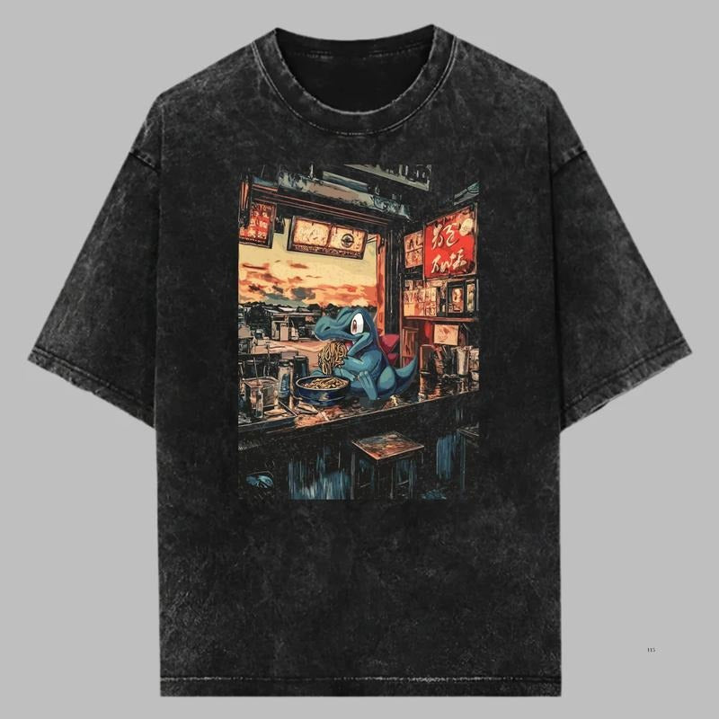 Totodile Vintage Tee, Pokemon Shirt, Totodile Ramen T-Shirt, Anime Graphic Tee, Gift For Pokemon Fans, Unisex Anime Gift Menswear Womenswear Top