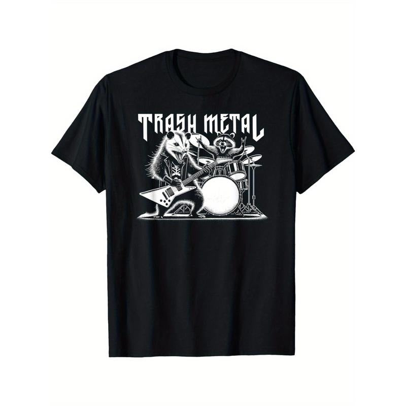 Trash Metal, Possum Raccoon Metal Music Possum Rock, Trendy Top Crew Neck T-Shirt, Comfortable Street Style T-Shirt, Essential Fashion T-Shirt Made in USA