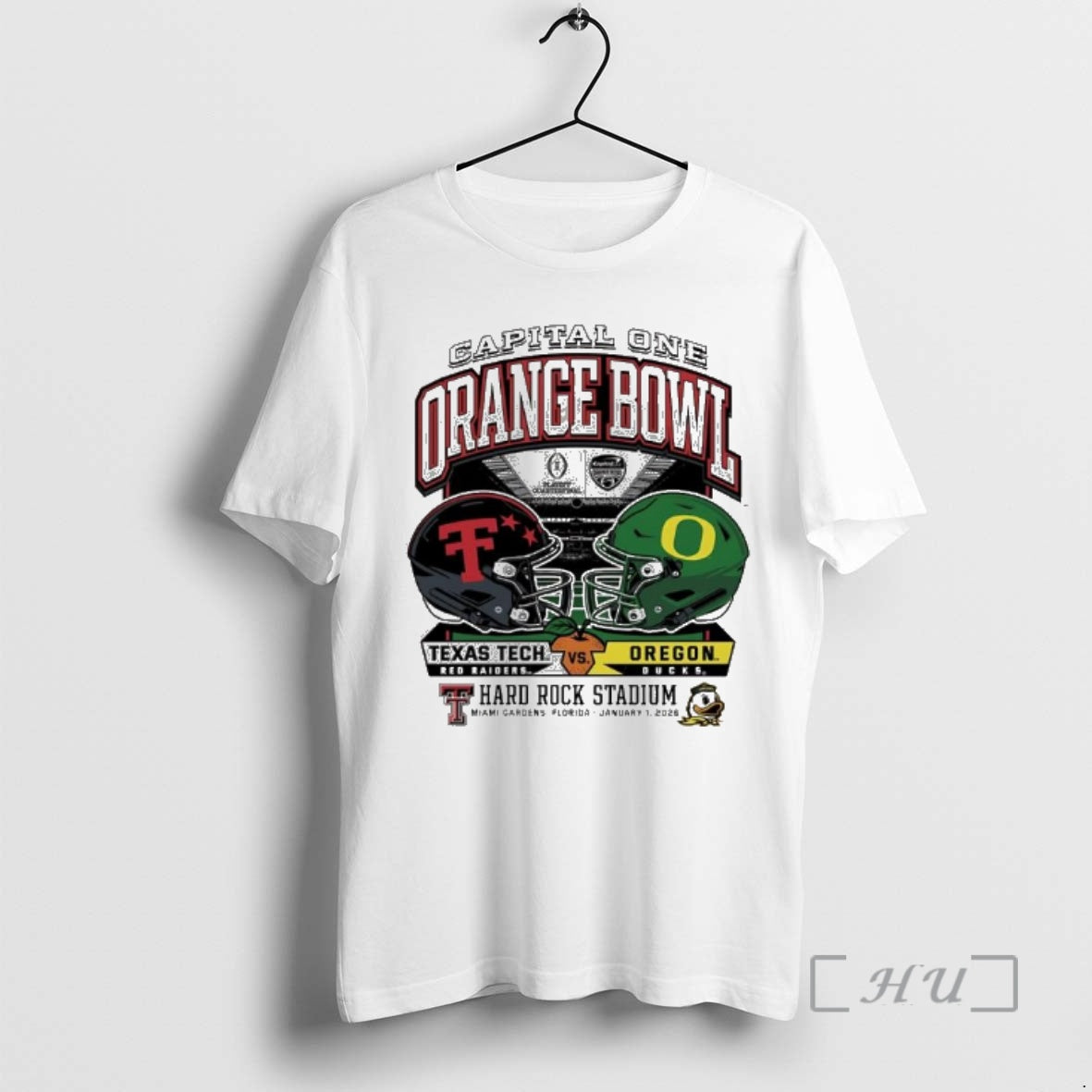 Trending Oregon Vs Texas Tech 2025 Orange Bowl Hard Rock Stadium Helmet Premium T Shirts