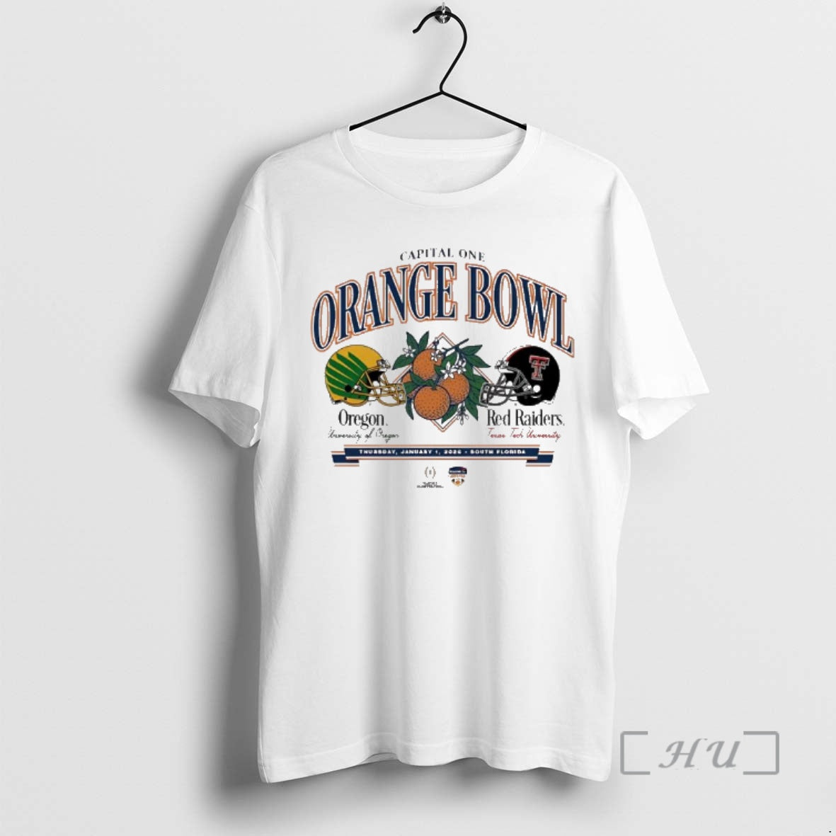 Trending Texas Tech Red Raiders Vs Oregon Ducks 2026 Orange Bowl Helmet Premium T Shirts
