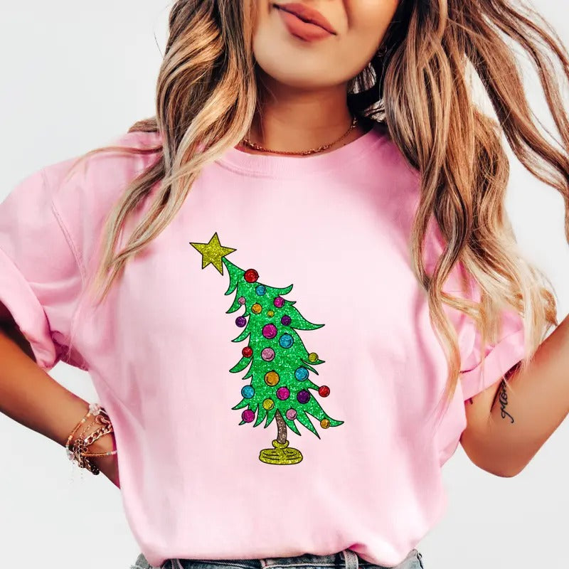 Trendy Christmas Tree Shirt, Christmas Movie Tree Shirt, Retro christmas Tree Shirt, Christmas T-shirt Cotton Fabric Womenswear Top Printed Oversized Women Short sleeve Lady Tshirt