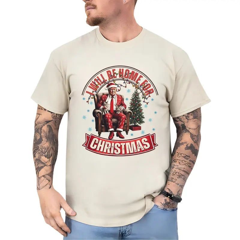 Trummp I Will Be Home For Christmas Shirt, Funny Truump with Cats T-shirt, Humorous Trum President Tshirt, Cat Lover Gift Ideas, Xmas Holiday Menswear