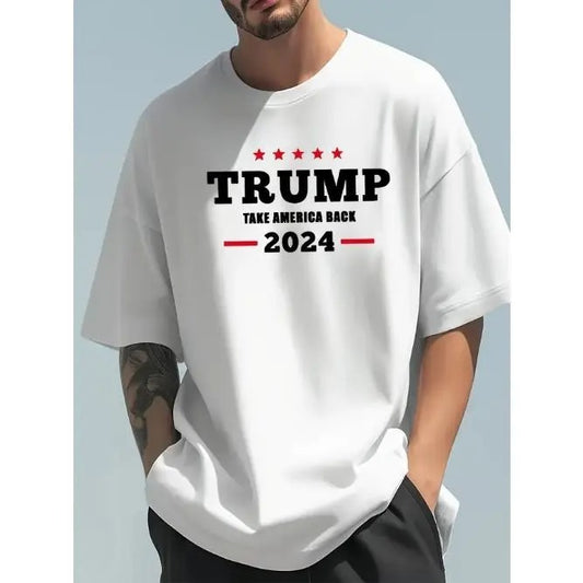 "Trump 2024" letter print men's crew neck short-sleeved T-shirt, suitable for everyday wear and casual summer T-shirts at resorts Made in USA