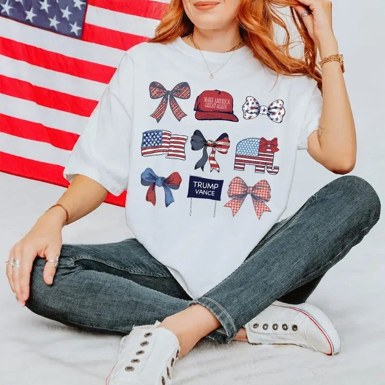 Trump Coquette Bow T-Shirt, Republican Tee, Trump MAGA TShirt, Gift, 100% Cotton, Crew Neck, Slight Stretch, Breathable & Wear-Resistant, All-Season Short Sleeve Tee, Perfect for Outdoor & Daily Fashion