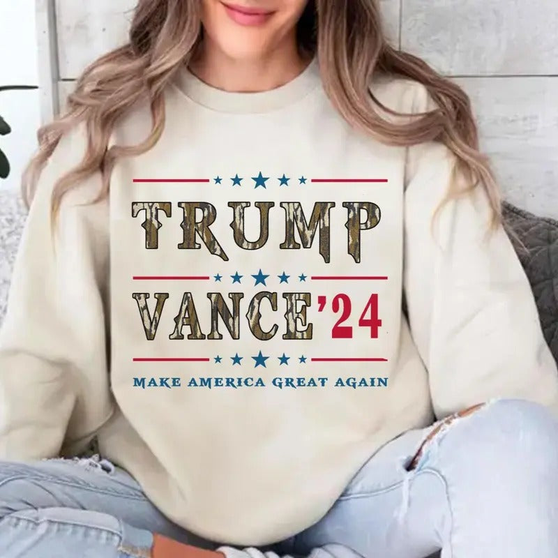 Trump Vance '24 Camoflauge Bottomland Pattern Unisex Sweatshirt. President Republican Support Trump Sweatshirt