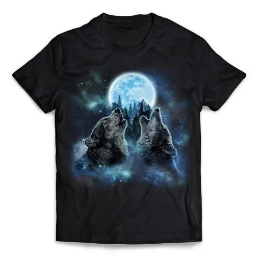 Two Majestic Wolves Howling in the Icy Full Moon - Short Sleeve Unisex, Men Made in USA