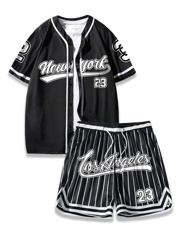 Two-Piece Set Men's Letter Print Short Sleeve T-shirt & Striped Print Shorts, Regular Fit Casual Round Neck Tee & Shorts,...