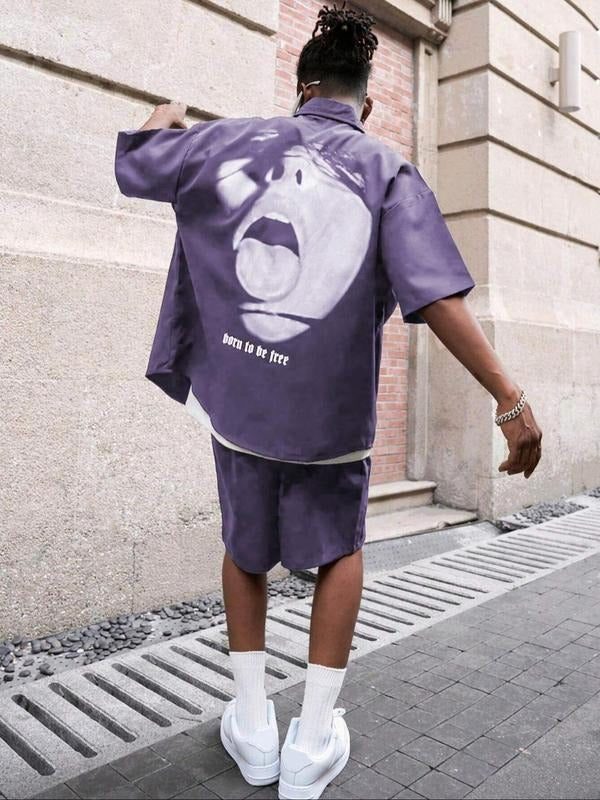 Two-Piece Set Men's Regular Fit Graphic Print Short Sleeve Shirt & Shorts, Casual Fashion Cozy Breathable for Summer, Men Clothes Set for Daily Wear, Cotton