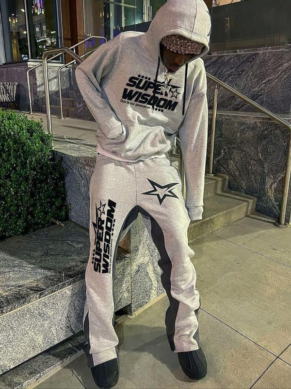 Two-Piece Set Men's Star Print Drop Shoulder Hoodie & Drawstring Waist Flare Leg Sweatpants Set, Regular Fit Casual Fashion Cozy Outfits for Daily Wear, Men's Fall & Winter Clothes