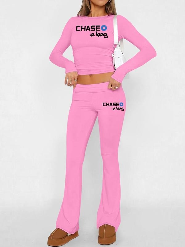 Two-Piece Set Women's Letter Graphic Crop Tee & Flare Leg Pants, Casual Fashion Round Neck Long Sleeve Top & Bell Bottom Trousers for Daily Outdoor Wear, Women's Clothing for Spring & Fall