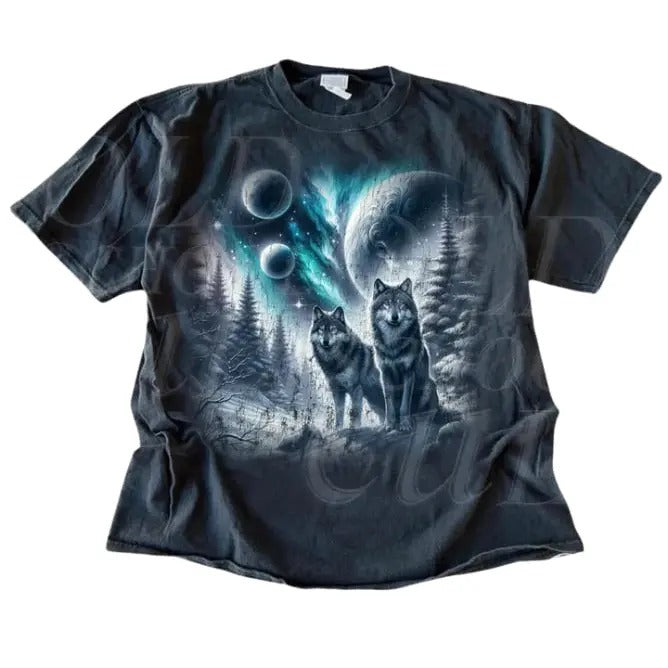 Two Wolf Mystical Snowy Forest Moon Vintage Graphic T-shirts, Vintage Wolf Nature Tshirt, Wolf Lovers, Alpha Wolf Graphic 90s Washed Tee, vintage unisex