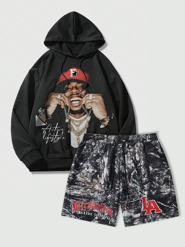 Two-piece Set Men's Letter Print Drop Shoulder Hoodie & Elastic Waist Shorts Set, Fashion Casual Regular Fit Drawstring Hooded Sweatshirt & Shorts for Daily Outdoor Wear, Menswear for All Seasons