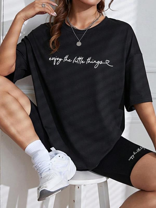 Two-piece Set Women's Slogan Print Drop Shoulder Tee & Shorts Set, Summer Clothes Women, Round Neck Short Sleeve T-shirt & Track Shorts, Casual Summer Clothes for Sports Holiday