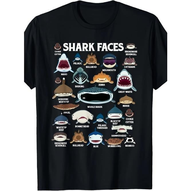 Types Of Sharks Faces Identification Birthday School Kid Men T-Shirt Made in USA