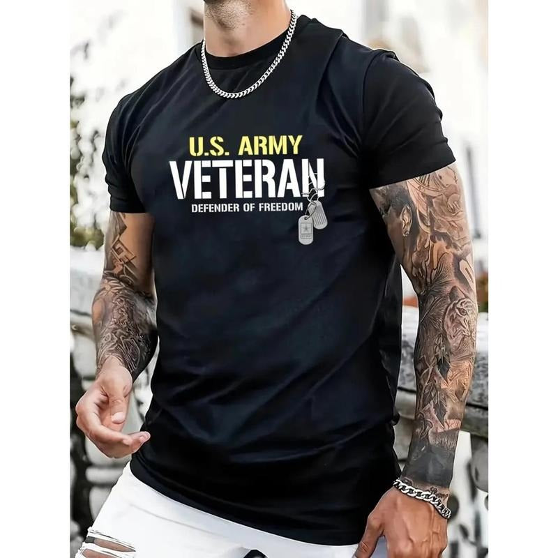 US Army Veteran Letter Print for Men Women Couple Fashion T-Shirt, Street Short Sleeve Cotton T-Shirt, Comfort-Fit Crew Neck T-Shirt - Ultra-Soft, Breathable, Moisture-Wicking, Casual Summer Tee - Perfect for Everyday Wear Made in USA