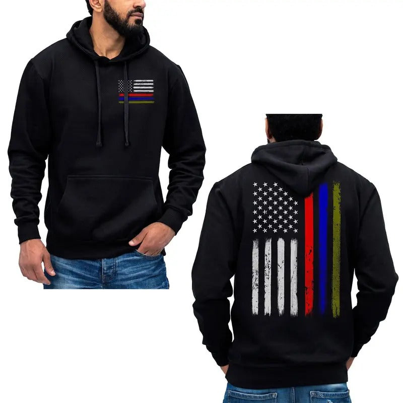 US Thin Red Blue Green Line Flag Hoodie Sweatshirt Firefighter Police Army Cotton Fabric