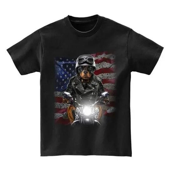 USA America Patriot Rottweiler Ride Motorcycle Dog - Short Sleeve Unisex, Men Made in USA