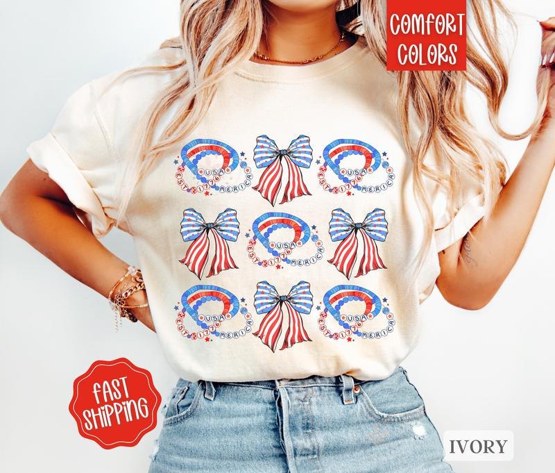 USA Bow Shirt Comfort Colors, USA Friendship Bracelet Tee, America Shirt for July 4th, Memorial Day Shirt, USA Shirt, Election Shirt, Patriotic Bow Shirt