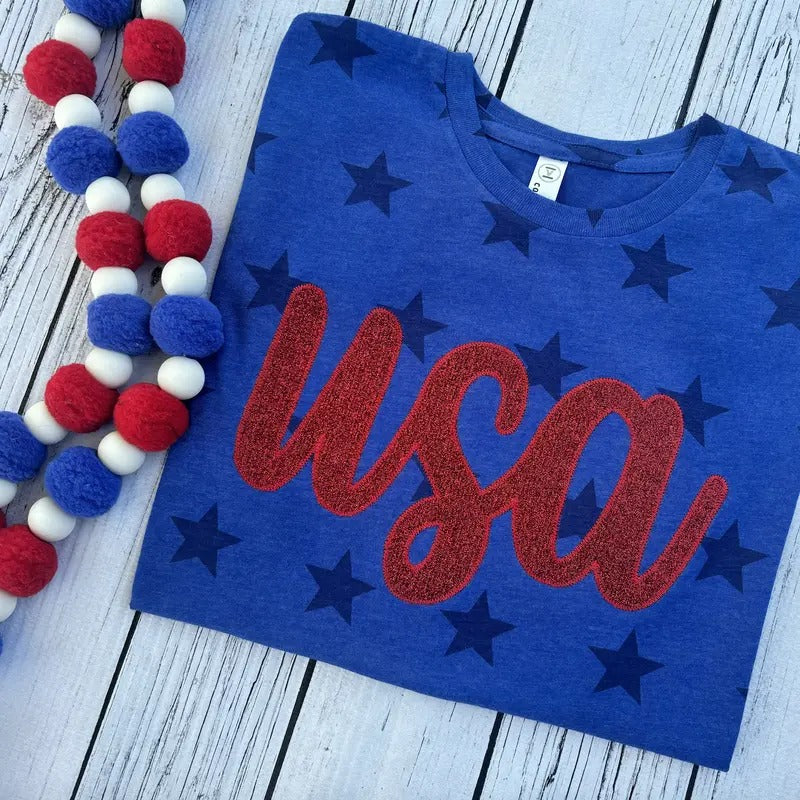 USA Embroidered Glitter Tee