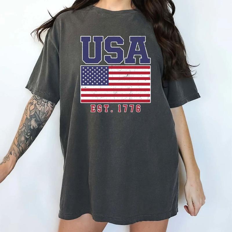 USA Est 1776 Retro Shirt, USA Flag Vintage Unhinged Shirt, 4th Of July Graphic Printed Tee, Independence Day T-shirt, Patriotic Comfy Fabric Graphic Tee, Women's Tops, Menswear, Womenswear, Cotton Fabric Relaxed Fit Chic Style