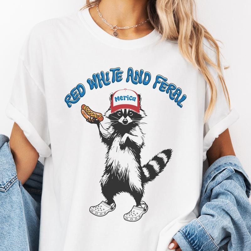 USA Red White and Feral Racoon Graphic Tee Patriotic Racoon Tshirt Trucker Hat Hot Dog Eating Redneck Shirt Unisex Casual Womens Top