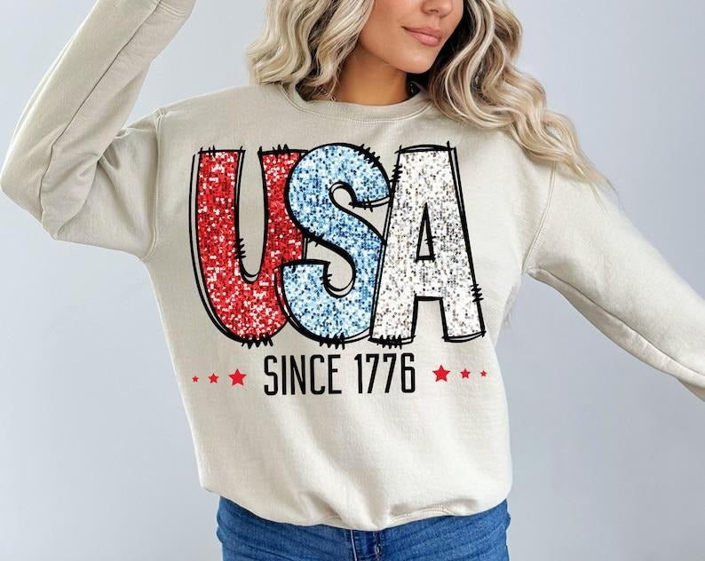 USA Since 1776 Faux Glitter, Fourth Of July, USA, America, Patriotic Flag, Independence Day T-shirt, sweater and Hoodie