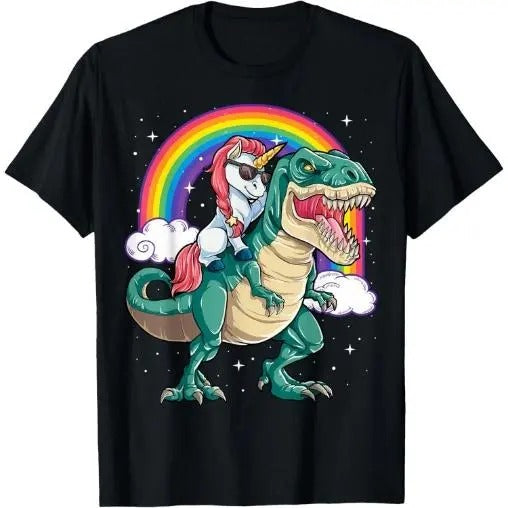 Unicorn Riding T rex Dinosaur Boys Girls Men Women Rainbow T-Shirt Made in USA