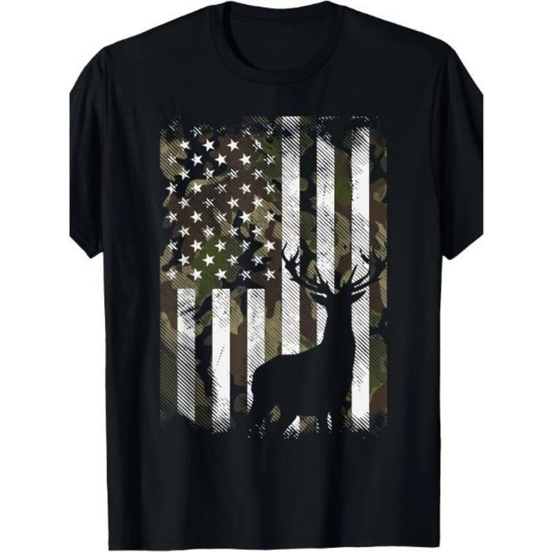 Unique Camouflage American Flag Deer Elk Stag Short Sleeve T-Shirt for Hunting Hunter Dad Gift Made In USA