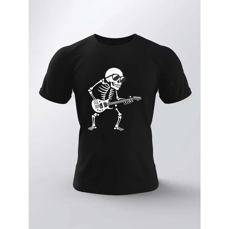 Unique Skeleton Playing Guitar Design Short Sleeve Casual T-Shirt for Men, Summer Tees Made in USA