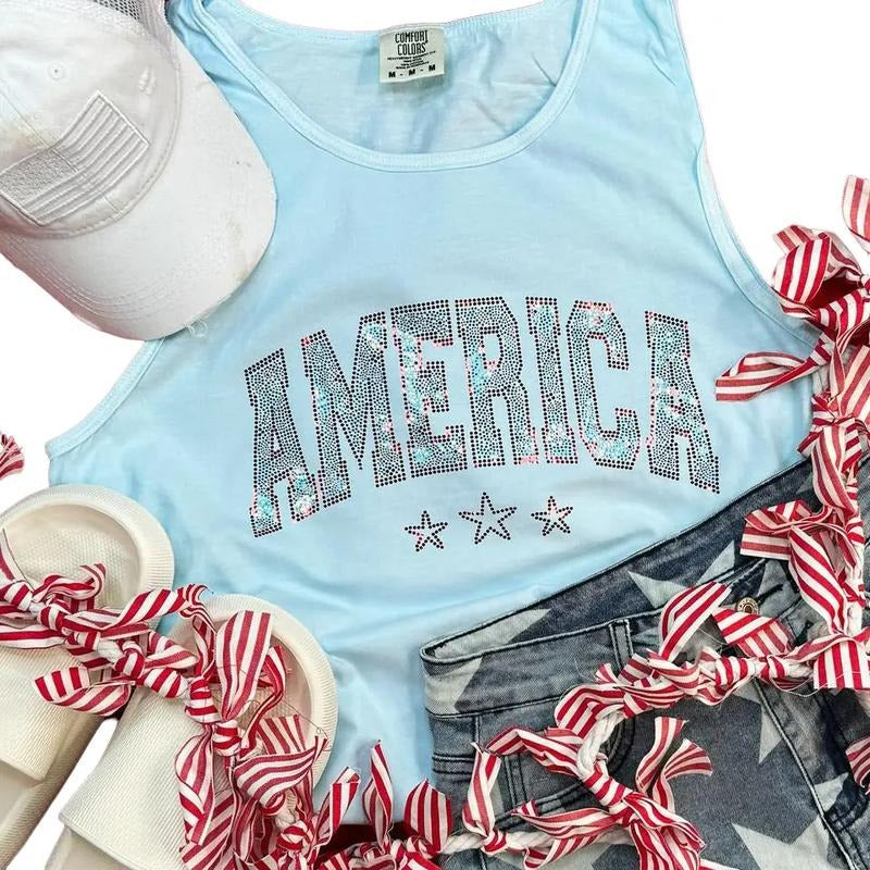 Unisex America Shirt or Tank Top, Spangle Graphic Tee for Women, 4th of July Spangle T-Shirt or Tank