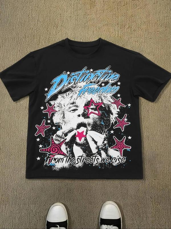 Unisex Men's Distressed Print Round Neck Tee, Regular Fit Street Fashion Casual Short Sleeve T-Shirt for Daily Wear, Men's Clothes for Summer, Top