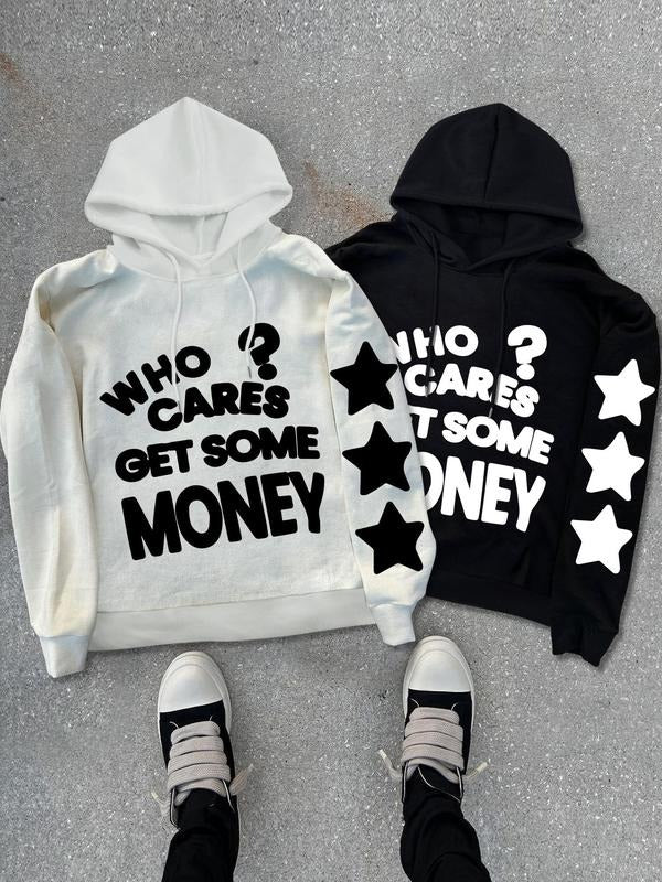 Unisex Men's Letter & Stars Print Drawstring Hoodie, Street Fashion Kangaroo Pocket Hooded Sweatshirt for Daily Holiday Outdoor Wear, Men Clothes for Fall & Winter