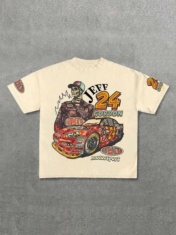 Unisex's Car Print Round Neck Tee, Regular Fit Casual Short Sleeve T-shirt for Daily Wear, Men's Top for All Seasons