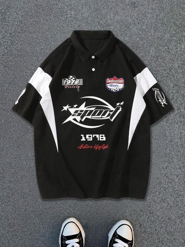 Unisex's Regular Fit Star & Striped Print Polo Shirt, Casual Short Sleeve Collared Top for Daily Wear, Fashion Men's Clothes for All Seasons