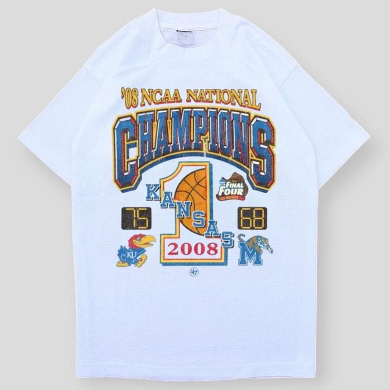University of Kansas 2008 NCAA National Champions T-Shirt, Sweatshirt, Hoodie - 100% Cotton, Classic Fit, Unisex, Graphic Print, Short Sleeve, Available in Heather Sport Colors