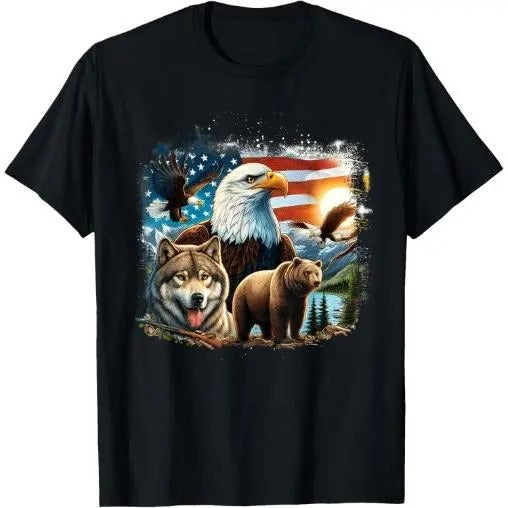 Usa Animals Bald Eagles Grizzly Bear Wolf Wilderness Nature T-Shirt Made in USA