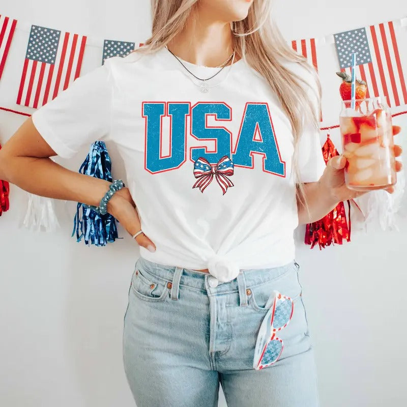 Usa Flag Bow Shirt Summer Bbq T-shirt Women's 4th Of July Tshirt Red White And Blue America Tee Patriotic Family Shirts Independent Day sweater and hoodie