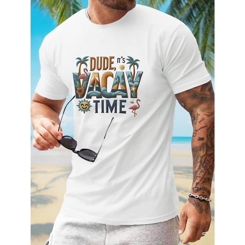 VACAY TIME Letter Creative Print Men's Crew Neck Short Sleeve Tees, Casual T-shirt, Comfortable & Breathable Top For Summer Beach Holiday Made in USA