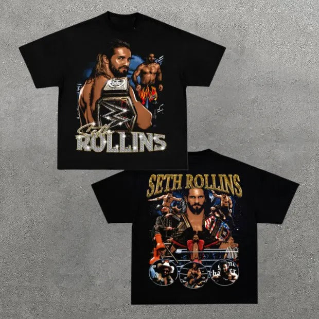 VINTAGE TEE | SETH ROLLINS, Double Sided Prints Vintage T-Shirt, Wrestler Shirt, WWE Shirt, Y2k Shirt, Vintage Graphic Tee, Unisex T-Shirt, Gift For Him, Adult Casual Cotton Crewneck Short Sleeve Shirt Top Menswear Tshirt Streetwear