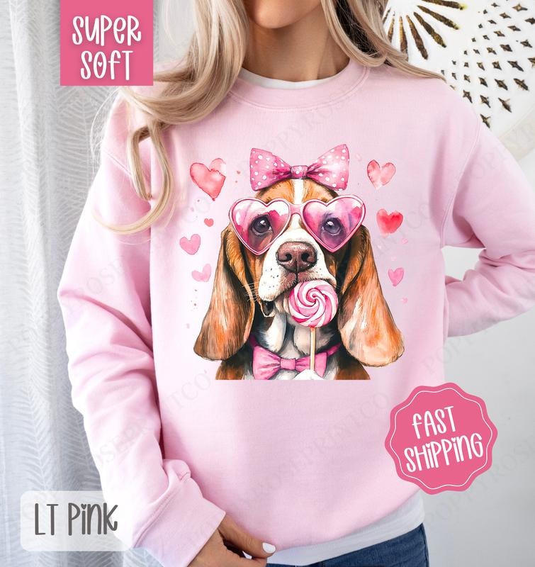 Valentine Bassett Hound Sweatshirt, Valentine's Day Crewneck, Cute Women's Sweater