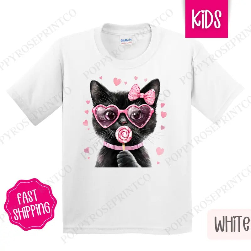 Valentine Black Cat Kids Shirt - Valentine's Day Children's Tshirt - Cute Youth Tee Gildan