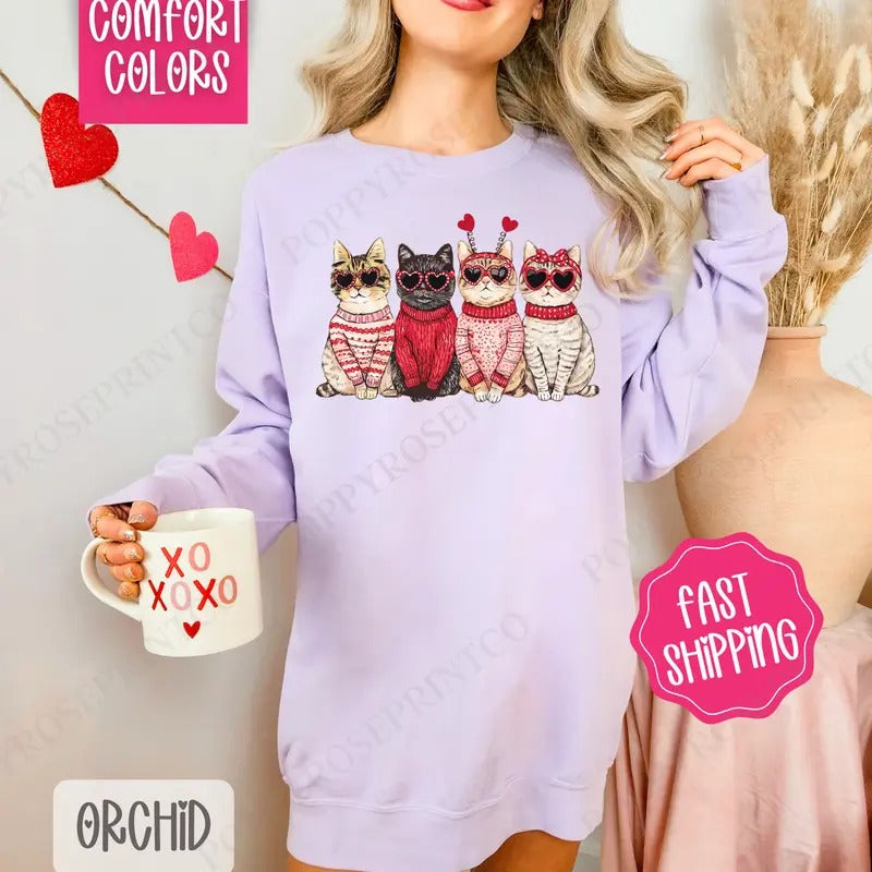 Valentine Cats Comfort Colors Sweatshirt, Valentine's Day Women's Crewneck, Holiday Cat Women's Sweater
