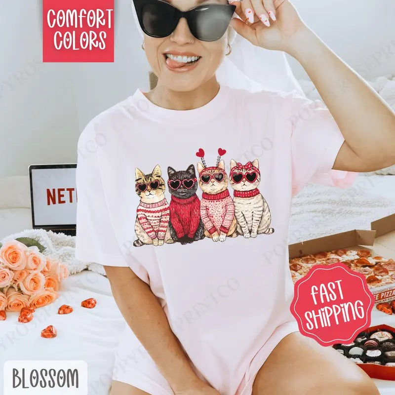 Valentine Cats Shirt Comfort Colors, Valentine's Day Women's Tee, Holiday Cat Women's Tshirt