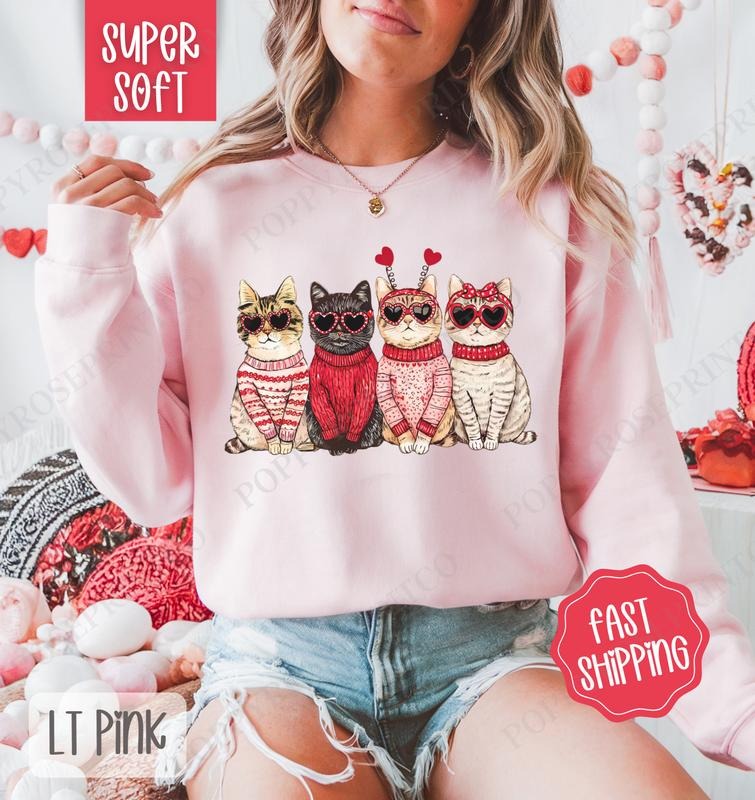 Valentine Cats Sweatshirt, Valentine's Day Crewneck, Holiday Cat Women's Sweater