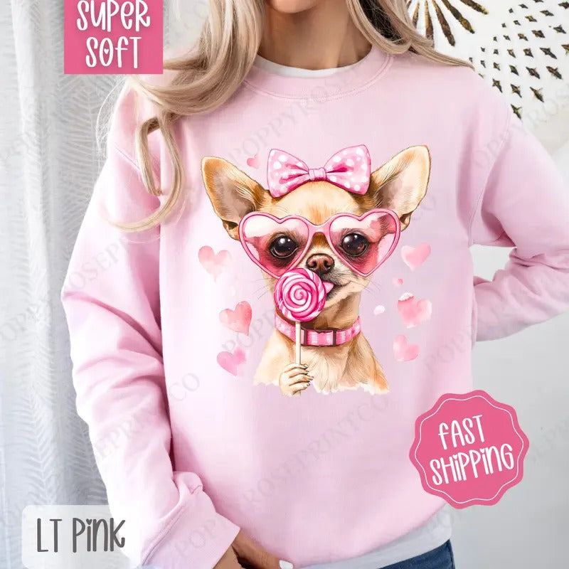 Valentine Chihuahua Sweatshirt, Valentine's Day Crewneck, Cute Women's Sweater