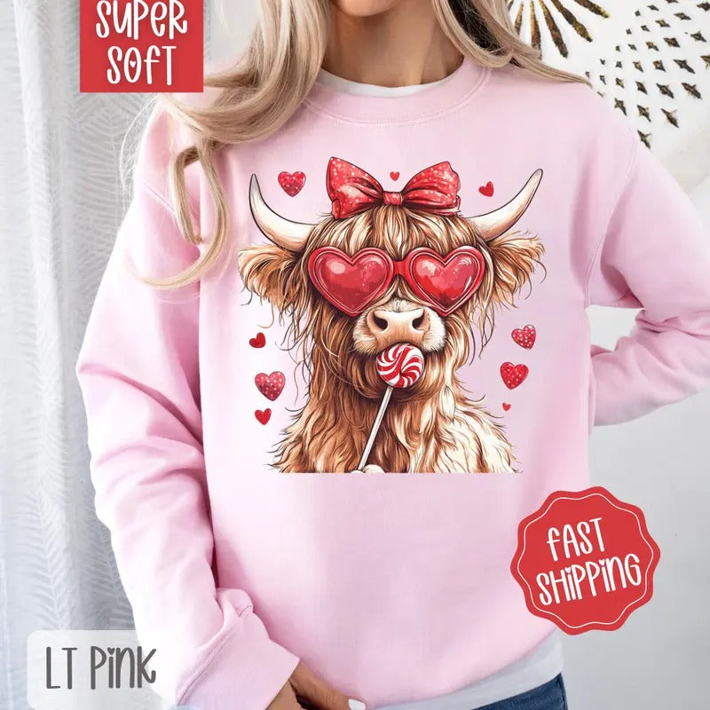 Valentine Cow Sweatshirt, Valentine's Day Crewneck, Cute Women's Sweater