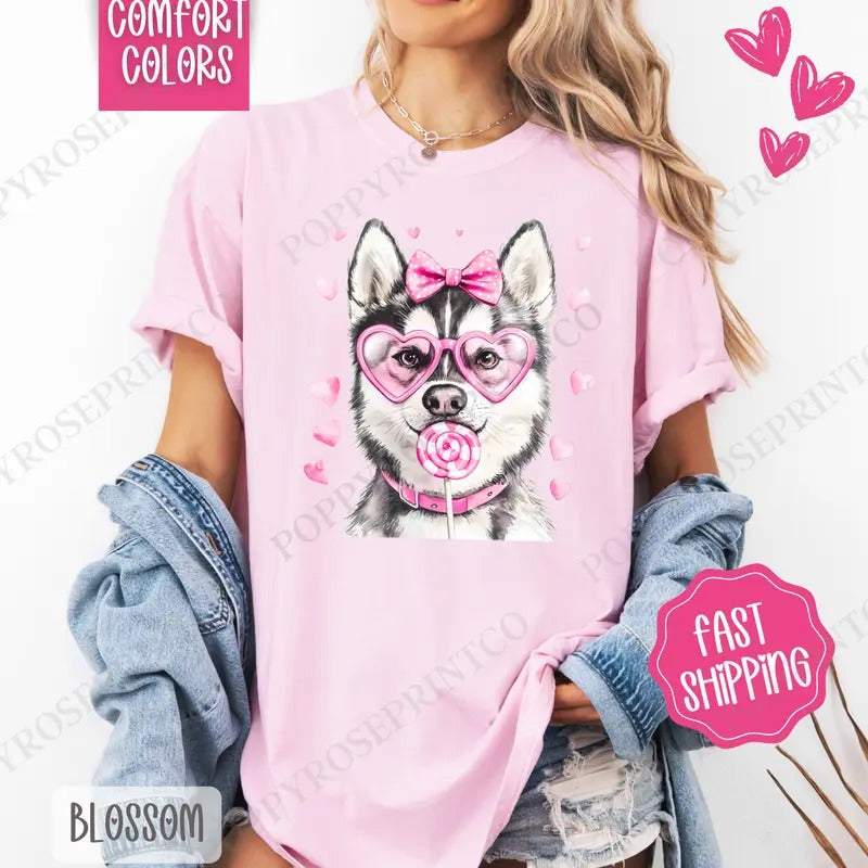 Valentine Husky Shirt Comfort Colors, Valentine's Day Women's Tee, Cute Women's Tshirt Hoodie, Sweatshirt | WearSparks.com